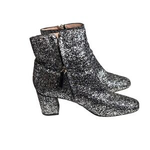 Kate Spade Junelle Glitter Ankle Boots Women US 7.5B Black Silver‎ Block Heel